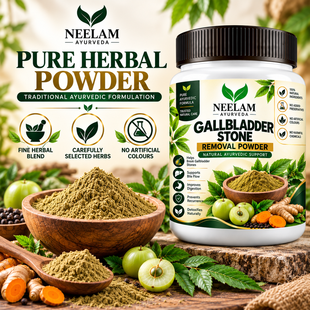Neelam Ayurveda Gallbladder Support Powder with herbal powder bowl and natural Ayurvedic ingredients