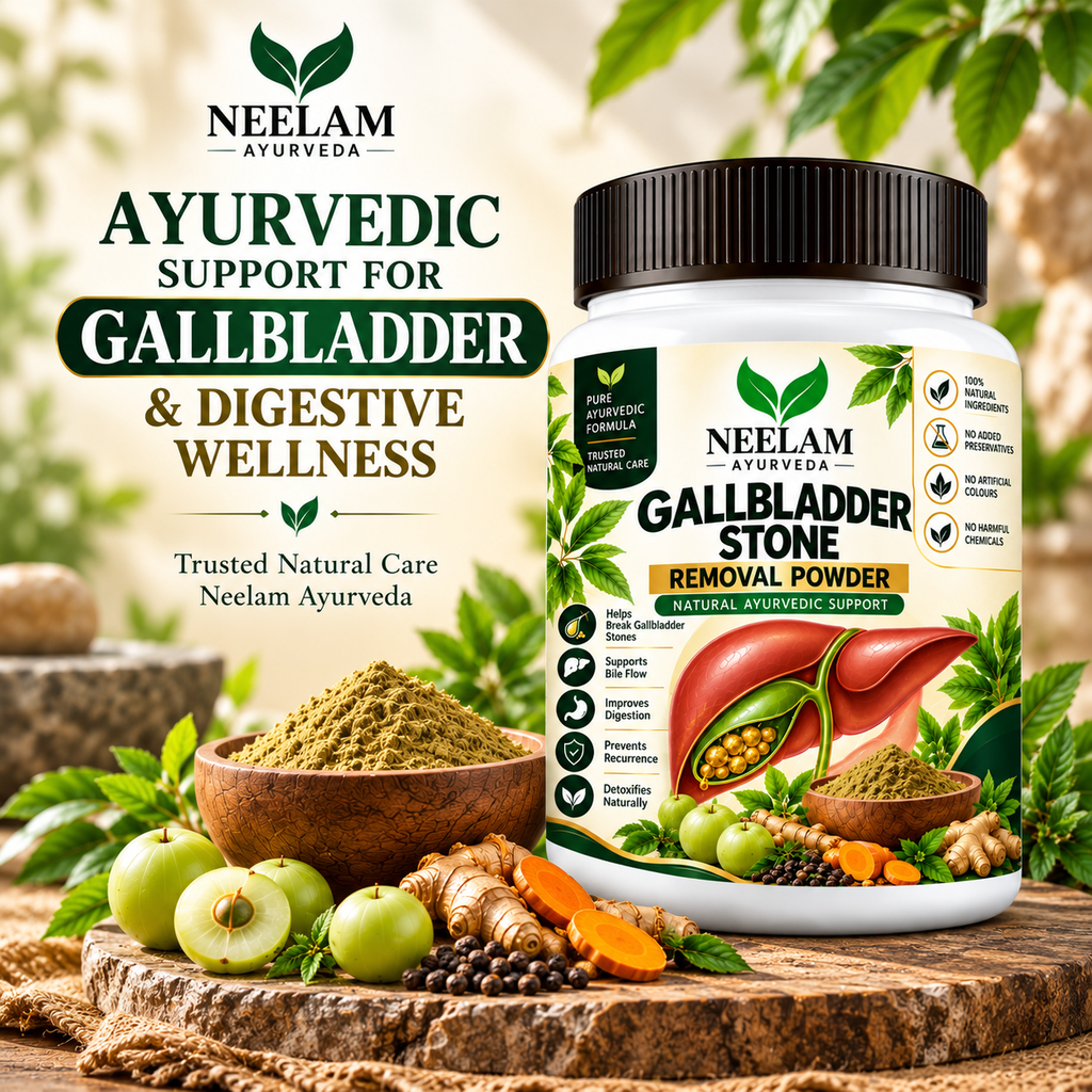 Neelam Ayurveda Gallbladder Support Powder in a natural Ayurvedic wellness lifestyle setting