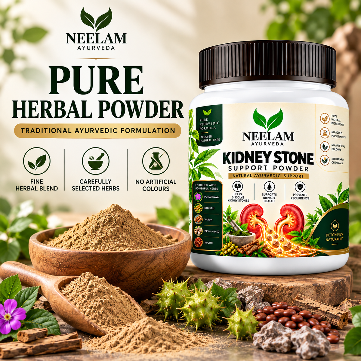 Neelam Ayurveda Kidney Stone Support Powder with herbal powder and carefully selected Ayurvedic ingredients