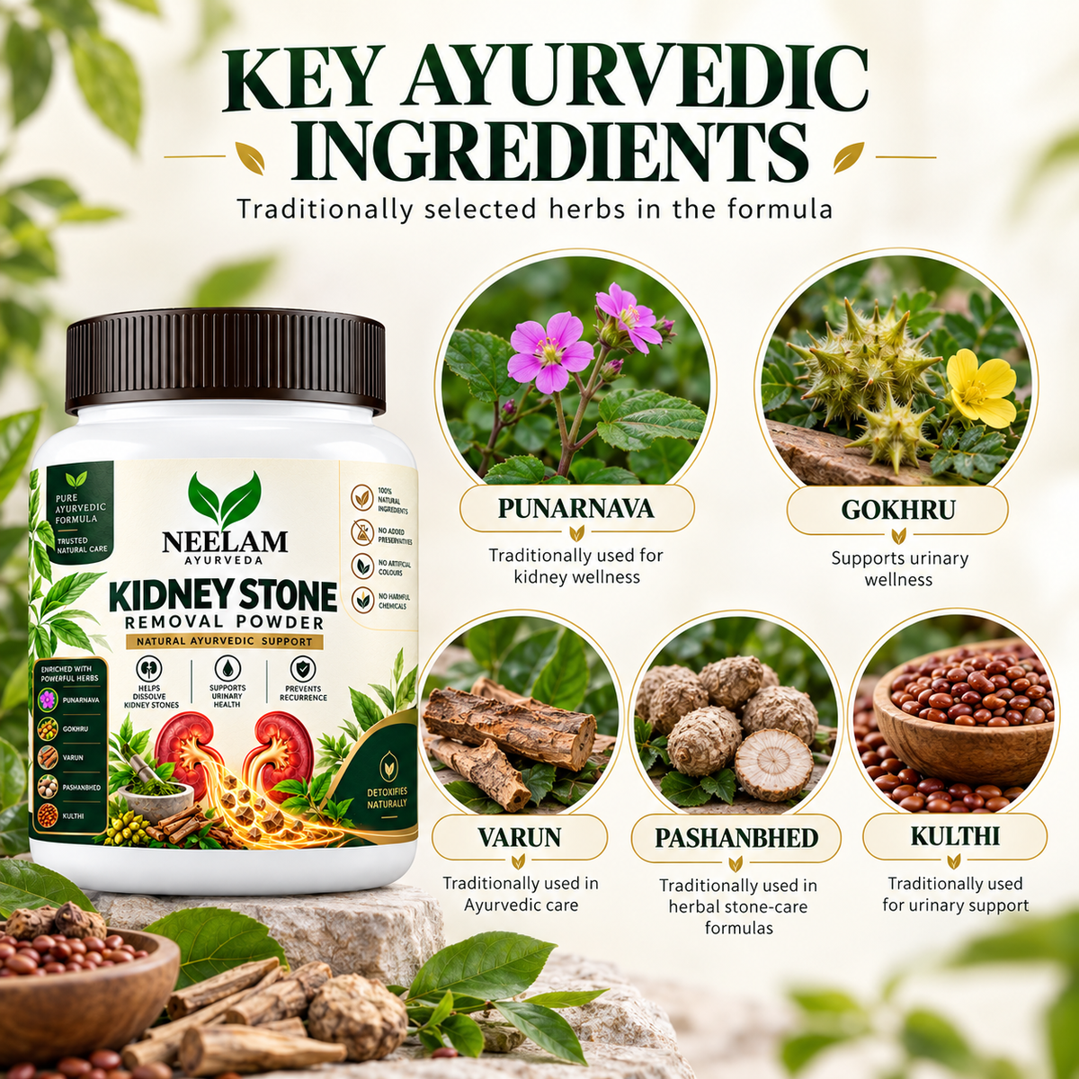 Neelam Ayurveda kidney support ingredients including Punarnava Gokhru Varun Pashanbhed and Kulthi