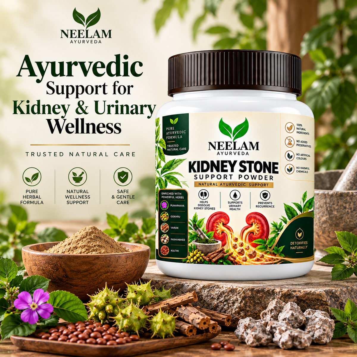 Neelam Ayurveda Kidney Stone Support Powder with Ayurvedic herbs for kidney and urinary wellness